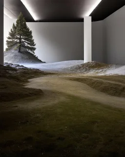 Photograph, giant museum exhibition, NO PEOPLE, a mass of terrain, giant museum space, trees, pillars, high walls, high peak in a room, rag, powder, brook, sediments, deflagration of the background, geological formation, light, architecture, minimalist, details of the terrain very accentuated, 8k, deep 3d field, sharp, brutalist, hasselblad h6d400c --ar 85:128 --v 6.0