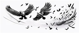 2 birds being chased through the air by an eagle, they each trail a graphic line behind them, and lost feathers, black on white vector