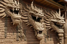 A brown wall fortress with dragon heads designed in Ica stones painted by Hashimoto Gaho