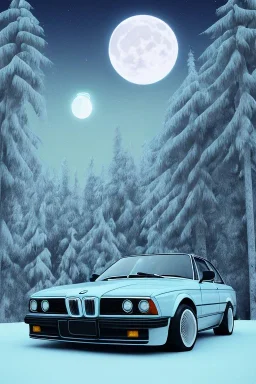 1980's aesthetic vaporwave palm trees with lighting with moon with bmw in the winter snow