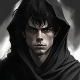 Realistic drawing guy with white skin, short and messy hair that is black with white streaks through it, wearing black cloak