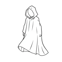 Make black and white cute drawing of a Invisibility Cloak with black bold lines. Only outline, no grayscale. A flowing cloak draped on an invisible figure, surrounded by sparkling light. Make parts of the cloak semi-transparent, blending into the background like it's vanishing.