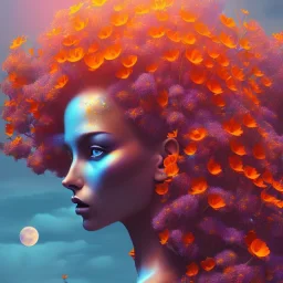 silhouette, monde en fleurs, concept art, crépuscule , bleu oranger, vibrant Color, réaliste