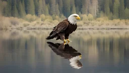 eagle, reflected in the calm waters of a lake