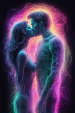 Ultra detailed illustration of a couple kissing, figure, ((ghostly)) (((translucent:1.5))), (((translucent creature:1.5))), art by Mschiffer, neon lights, light particles, colorful, cmyk colors, strong backlit, back lights