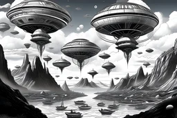 fleet of starships hovering at maximum altitude in the skies. high above the landscape below dotted with townspeople for contrast of scale & proportions. lumbering hulking towering beefcake Pepe the frog. world class top notch comparable to international best selling graphic novel/contemporary comic book cover fine artwork. high contrast black & white imagery. precise unique distinctive unforgettable eye-popping anime