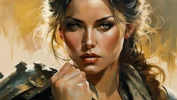 portrait of a Woman Warrior, hand Fist :: Robert McGinnis + Jeremy Mann + Carn Griffiths, clear contours, clear lines, detail, fine rendering, high resolution, 64K, photorealism, precise focus,