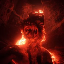 Cerberus, character-design, fire pouring from each mouth, full body, fiery dark skies in the underworld with Hades in the background, 8k, highly detailed, hyperreal, octane render, hdr, dark, sparkling lights, Cinematography lighting, mysterious, glister, surrealism, campbell white, 8K