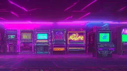 A dark photo of the corners of an 80's aesthetics arcade at night, with a lot of functioning arcade machines, a vaporwave floor and some colorful tiles in between the floor. Purple aesthetics.