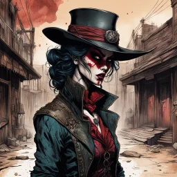 highly detailed concept illustration of an alternate reality Wild West female vampire anti heroine bounty hunter in an abandoned saloon ,maximalist, sharp focus, finely detailed facial features, highest resolution, in the styles of Alex Pardee, Denis Forkas , and Masahiro Ito, boldly inked, 8k, coarse, gritty textures