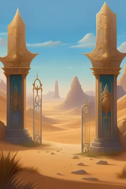 "Draw an imaginary scene with six fake gates in the desert, representing the gates to the realms of the genies."