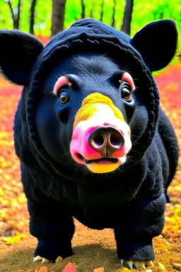 Pig in a black bear costume