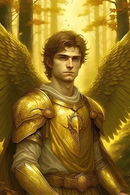 portrait of a celestial male archangel with characteristic clothing, in a forest with golden backgrounds realistic style
