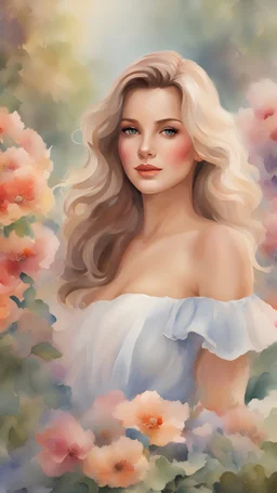 Painting of beautiful girl, flowers background, young face, close-up face, beautiful portrait, watercolor painting, watercolor, by Thomas Kinkade, beautiful painting, vibrant watercolor painting, garden in background, fine art, 8k