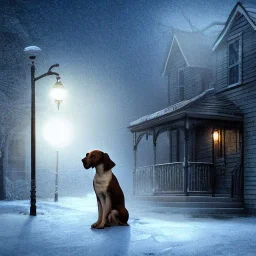 sad, scared, lonely dog tied with a short leash outside of a house, winter, 8k resolution, high-quality, fine-detail, intricate, digital art, detailed matte, volumetric lighting, illustration, 3D octane render, brian froud, howard lyon, selina french, anna dittmann, annie stokes, lisa parker, greg rutowski