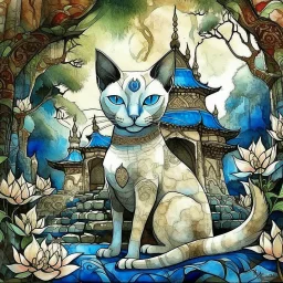 Surreal mixed-media combining wet watercolor, tempera paint, and fine line pen drawing of a stunning, slender, elegant, blue eyed, slender Siamese cat. Chocolate point. wedge shaped face, large ears. laying in the lap of a statue of mossy, old stone Buddha, on the grounds of a Thai temple, among vegetation and flowers, at dusk with shining stars and crescent moon in background. Dark overlay texture