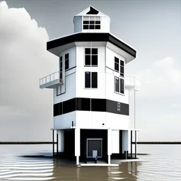 a two-storey water rescue station with a tower 12 meters high, white with black stripes, with a large ground floor, with a garage on the ground floor, standing next to water