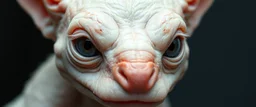 close up portrait with smooth grainy skin fine pores and real skin texture, clear transparent skin, wise eyes, hairy macho kobold disco albino limbo