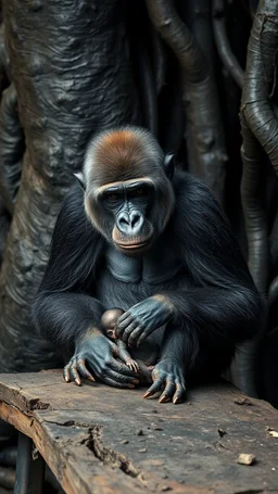 A gorilla in the background of black vein, human veins, mixing together a lot of them, like a forest, big and small veins a lot of them, an army a dead baby monkey sitting on an old broken table