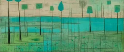 A teal serene wetlands painted by Paul Klee