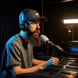 A short brown beard DJ with a baseball hat sing at microphone, many electronic consoles studio , microphones,, laser lights, FRONT VIEW