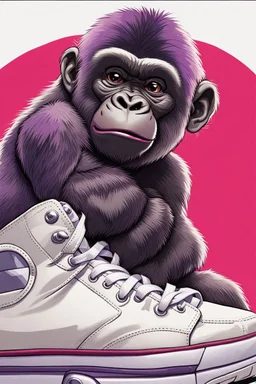 a profile picture of a small gorilla sitting in a purple coloured Converse sneaker, like it's a car, comic style