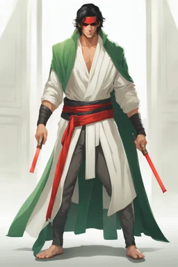 Full Body, Male Tan Human, Sith, Red Blindfold, Green and Black Robes, Handsome face, Black hair.