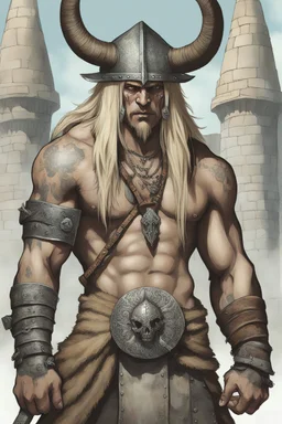 Snot Bubbles, an extremely muscular 18-year-old Cotar the barbarian with tattoos, battle-scarred face, and long, shoulder-length bleach-blonde hair wearing leather shoulder and chest harness and armor, loincloth and a steel war helmet with horns and a buffalo hide brim, standing in front of a giant, skull-shaped castle raising the sword in his hand to the sky, 1200ppi, 2000dpi, Ultra-HD, hyper realistic, photorealistic, lifelike, professional grade photography, digital art