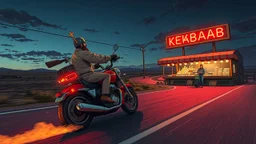 The kebab man driving fast on his holy motorcycle, fire from the exhaust, holy widescreen picture, holy empty road on the holy country at night, comic style, no helmet and he have a long holy black beard, neon kebab signs along the road, jesus stand at his market stand selling holy kebabs, simon stålenhag style
