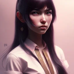 Japanese girl with big brown eyes and long black hair with bangs, cute, beautiful, high quality, insane detail, by Greg Rutkowski, straight bangs, Asian, pink shirt, foreword facing, looking at viewer