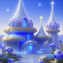 landscape of aztecan celestial blue temple ambient beutiful villa white gold and neon lights bright and blue bright gloss effect of a futuristic house,like spaceship, natural round shapes concept, large transparent view of the open outdoor garden,sea beach,blue sky , gold crystals,with light blue, flowers of Lotus, beutiful pools, light of sun , palmiers,cerisiers en fleurs, wisteria, sun , stars, small waterfalls