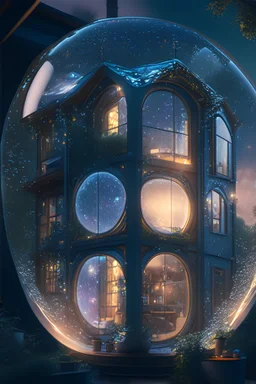 a home built in a huge Soap bubble, windows, doors, porches, awnings, middle of SPACE, cyberpunk lights, Hyper Detail, 8K, HD, Octane Rendering, Unreal Engine, V-Ray, full hd -- s5000 --uplight --q 3 --stop 80--w --ar 1:3 | by Peter Palombiulo and Mark Brooks and Brad Kunkle detailed, front view futuresynth trending on artstation