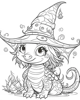 coloring pages for kids, semi-cartoon motif of a little dragon character, witch hat, white background, anime, illustration, dark fantasy, painting, cartoon style, thick lines, low detail, black and white, no shading, --ar 85:110