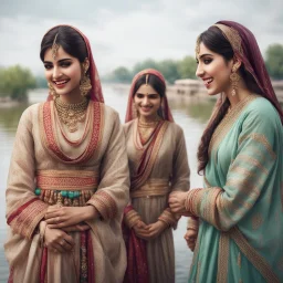 Hyper Realistic Traditional Pakistani girls & women smiling & talking to each other & wearing traditional desi outfit at cloudy weather riverside with lots of other people