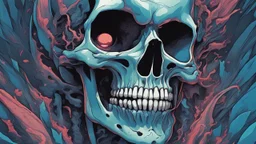 a close up of a person with a skull on their head, blue and black colors, anime skull portrait man, scary detailed art in color, hiroyuki-mitsume takahashi, nychos art aesthetic, half man half skeleton, anime cyberpunk art, colored manga art, rossdraws pastel vibrant, hot colors. insanely detailed, beautiful anime portrait, stunning anime face portrait, scary art in color