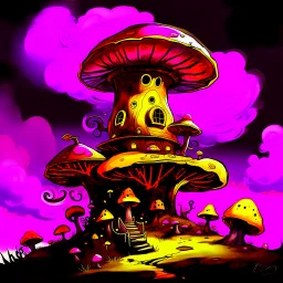 A fantabulous black, magenta and yellow (((mushroom tower house))) erected atop a (geologic pillar), surrounded by the uncanny imaginative ((( swirling skies))), offset by the stark hues of a (neon-tinged nebulous space scape), within. captured by the hand a skilled master painter with a focus on (softly blurred compositions and voluminous lighting).