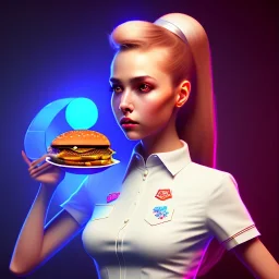 waitress teenager with hamburger chips in tray, rounded face, shirt, vibrant color, cyberpunk style, highly detailed, art stations, concept art, smooth, unreal engine 5, god rays, ray tracing, RTX, lumen lighting, ultra detail, volumetric lighting, 3d, finely drawn, high definition, high resolution, gradient background