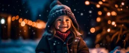 Little girl with christmas lights enjoying the holidays outdoors in snowfall. Happy cute child girl playing with Chistmas festive lights. digital ai