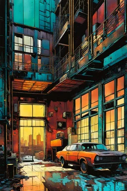 create a wildly abstract illustration of a highly detailed gritty and rusted Victorian industrial warehouse artist's loft apartment in the comic book art style of Bill Sienkiewicz, and Jean Giraud Moebius, finely textured, drawn, colored, and inked