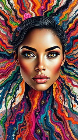 A stunning woman with expressive eyes, surrounded by an explosion of vibrant colors—liquid hues cascading like paint in motion, intertwining with radiant, flowing lines and intricate geometric patterns. The background pulses with kaleidoscopic energy, blending abstract textures and cultural motifs. Her presence anchors the chaos, evoking beauty, emotion, and symbolic contrast between order and spontaneity.