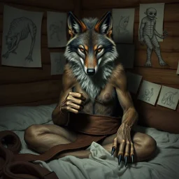 an anthropomorphic wolf woman hybrid with dark brown eyes full furry on her body sitting in the middle of a bed with a sewing needle and thread in her paw sewing a wide material belt, around her in the background are some paper with sketchy line kind drawings from monster on the walls of the wooden house, high realistic, detailed, cinematic, sci-fi, digital art, dark fantasy mood