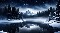 dark winter night,fir forrest scenery,mist,forest,christmas night,snow,fir tree,night ,stars,valley,cloud,frozen lake reflections,,dramatic scene,photorealistic