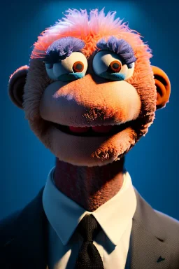 Waist up muppet Portrait, Vladimir Putin as muppet doll, black suit, photo studio, blue background, unreal engine 5, concept art, art station, god lights, ray tracing, RTX, lumen lighting, ultra detail, volumetric lighting, 3d.