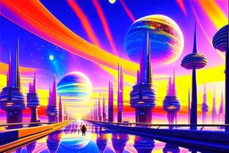 Epic futuristic street, exoplanet in the sky, impressionism painting