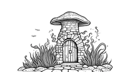 Ground-level outline sketch of a mushroom with octopus tentacles with a crumbling stone wall with an arch behind