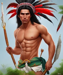 Guaicaipuro, native american god warrior, long black hair, big muscles, red feathers headdress, shirtless, holding a stone tip spear, fierce face