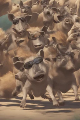 Close-up animation of a mischievous group of wild warthogs wearing sunglasses and attempting to breakdance in a comical fashion.