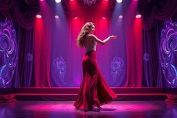 modern stage with gray-dark red blueish violet theme artistic decoration , color full dynamic lighting, a beautiful lady in maxi dress with shining silver jewels ,curvy long hair,dancing, 3D recursive fractal structure animating background