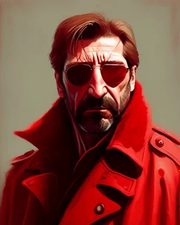 a man who looks like hans gruber wearing a trench coat and red sunglasses staring with an irritated look on his face