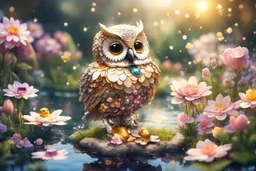 gemstone and jewel owl and small chibi duck in a flowergarden with beautiful flowers, pond, in sunshine, anime, watercolor and black in outlines, golden glitter, ethereal, cinematic postprocessing, bokeh, dof